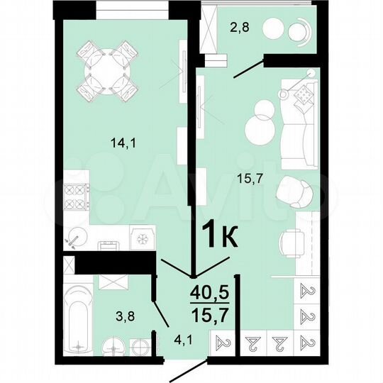 1-к. квартира, 40,5 м², 4/8 эт.