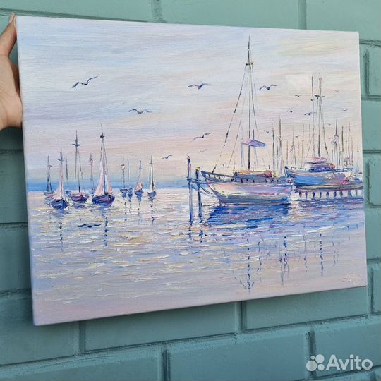 Морской пейзаж маслом картина с лодками берег моря