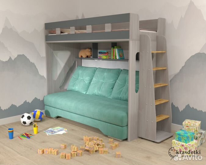 Двухярусная кровать с диваном в низу