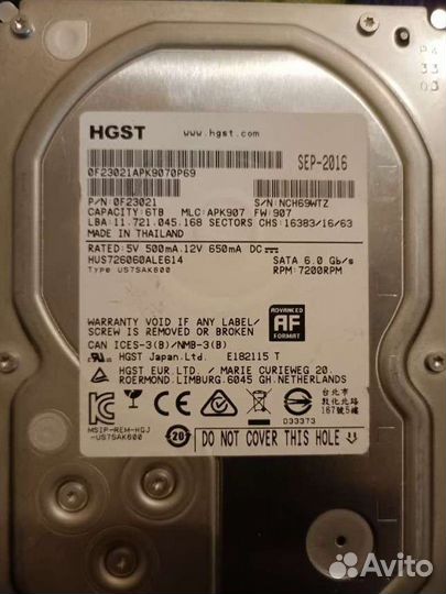 Жесткий диск hgst 6 тб hus726060ale614