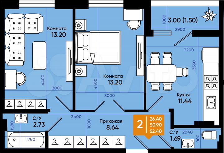 2-к. квартира, 52,4 м², 4/9 эт.