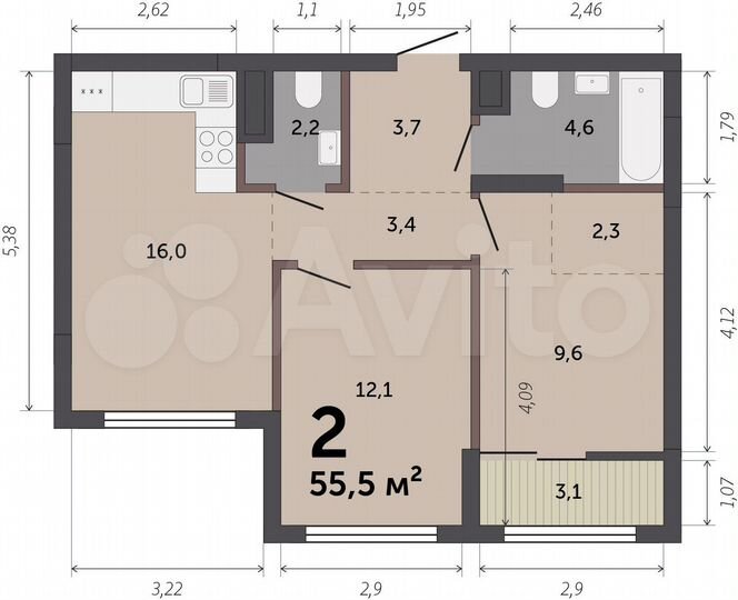 2-к. квартира, 56,7 м², 9/12 эт.
