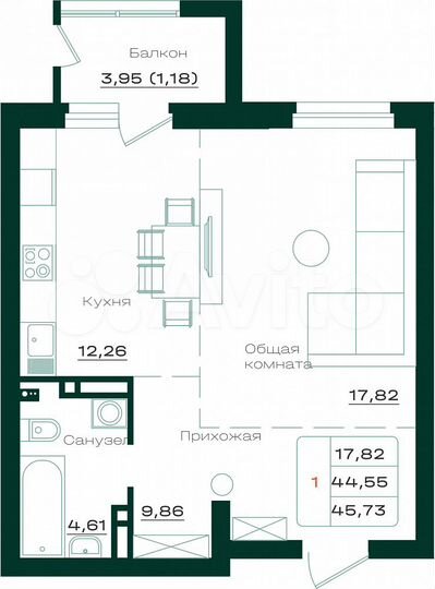 1-к. квартира, 45,7 м², 10/17 эт.