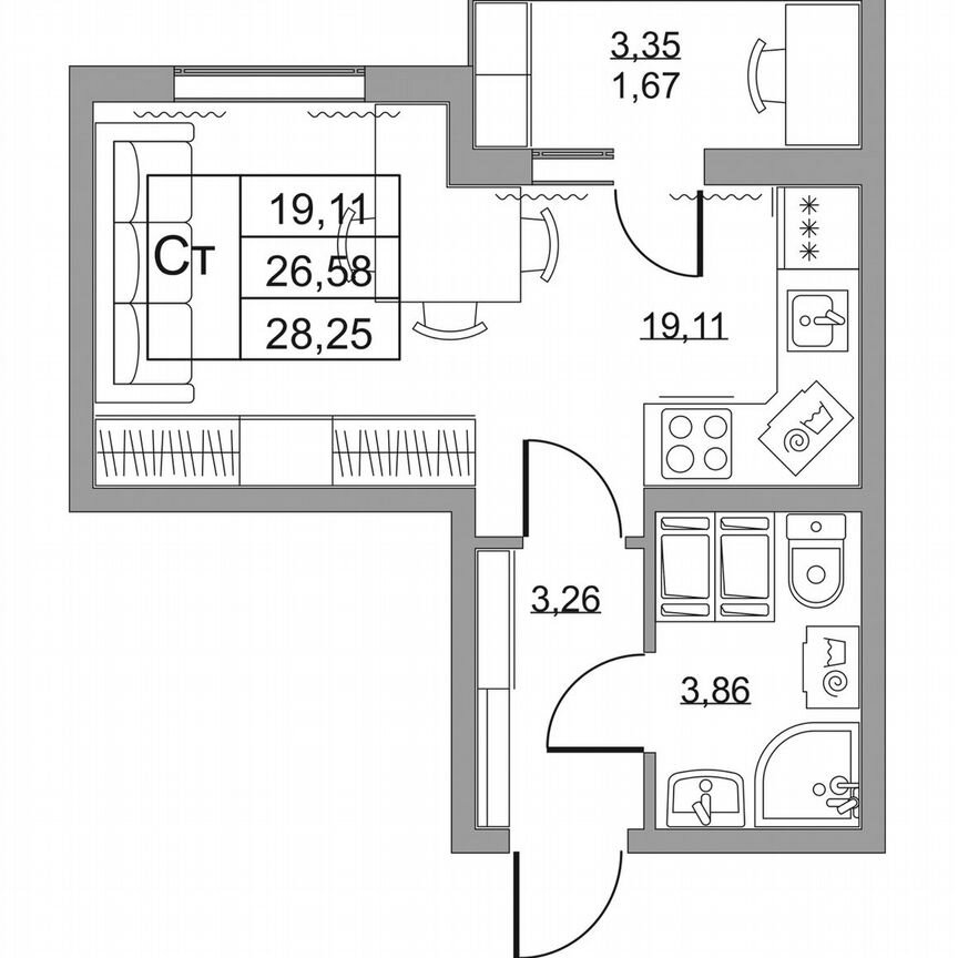 Квартира-студия, 27,9 м², 15/19 эт.