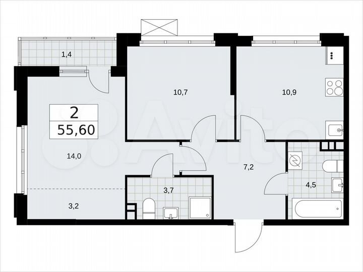 2-к. квартира, 55,6 м², 3/16 эт.