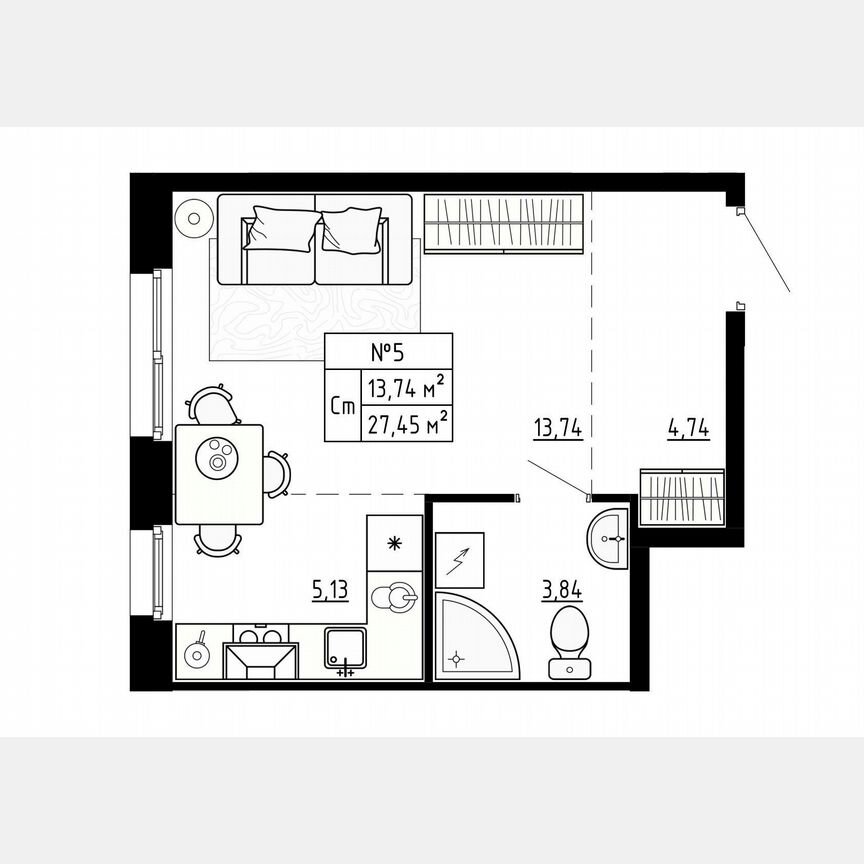 Квартира-студия, 27,5 м², 1/4 эт.