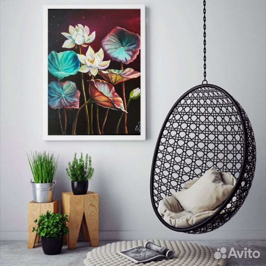 Картина маслом, холст 40х50. Белые лотосы