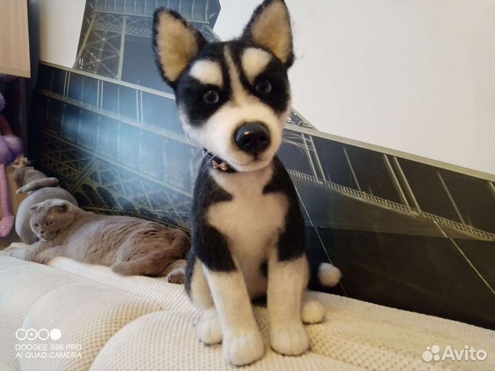 Собака хаски - валяная из шерсти игрушка