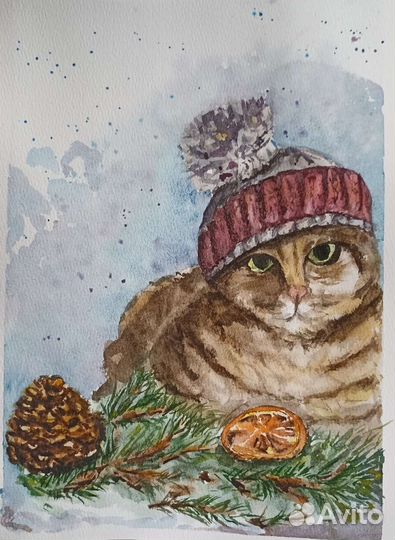 Картина акварелью Новогодний кот