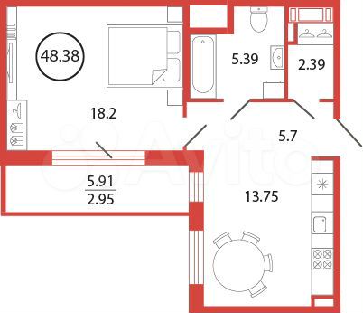 1-к. квартира, 48,4 м², 8/12 эт.
