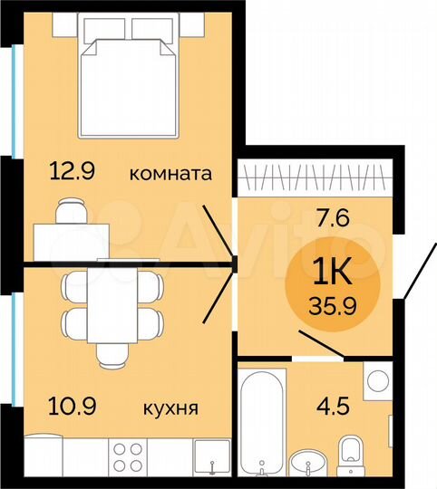 1-к. квартира, 35,9 м², 9/14 эт.
