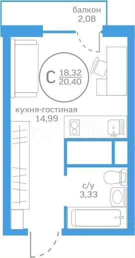 Квартира-студия, 18,3 м², 15/20 эт.