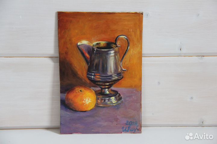 Картина маслом Натюрморт Молочник и мандарин