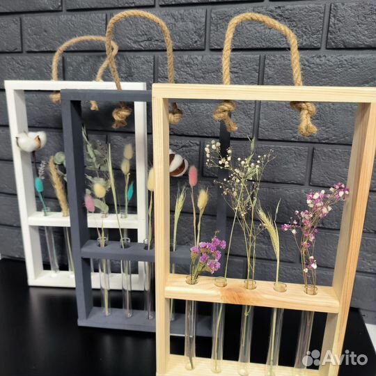 Деревянные кашпо с 5-ю колбами-пробирками