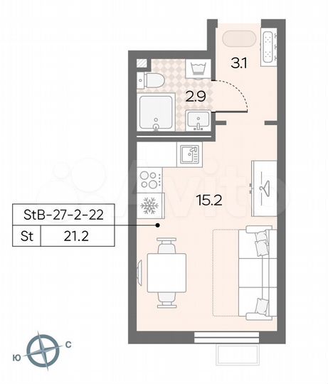 Квартира-студия, 21,2 м², 22/22 эт.