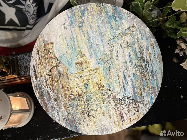 Дождь и музыка картина маслом круглая 40х40 см