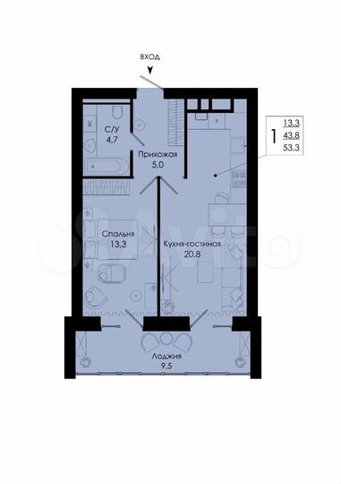 1-к. квартира, 53,3 м², 1/10 эт.