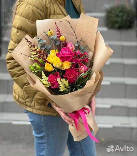 Яркие букеты из роз и ромашек. Доставка/Самовывоз