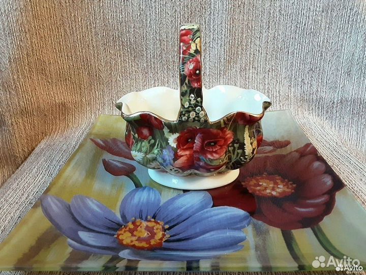 Поднос стеклянный и вазочка керамическая