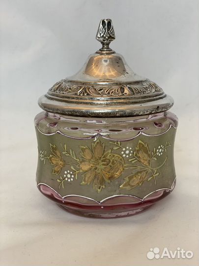 Антикварная конфетница. Клюквенное стекло, роспись