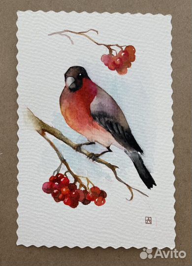 Открытка ручной работы снегирь