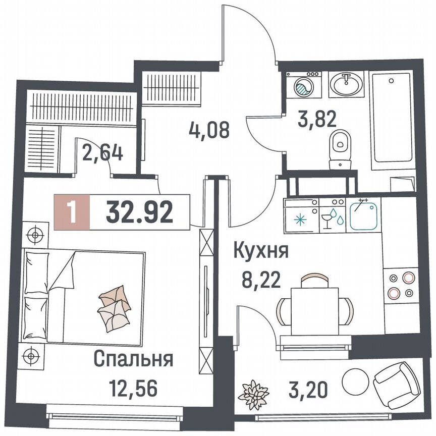 1-к. квартира, 32,9 м², 6/18 эт.