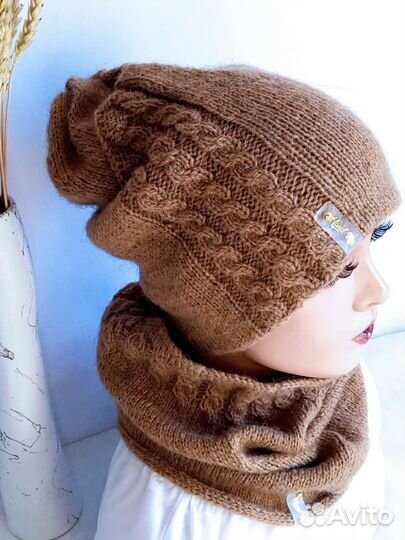 Комплект вязаный шапка бини снуд и митенки новый