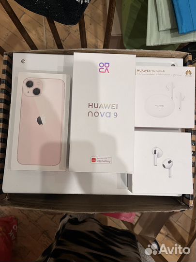 Коробка iPhone; Huawei 9; наушники huawei AirPods