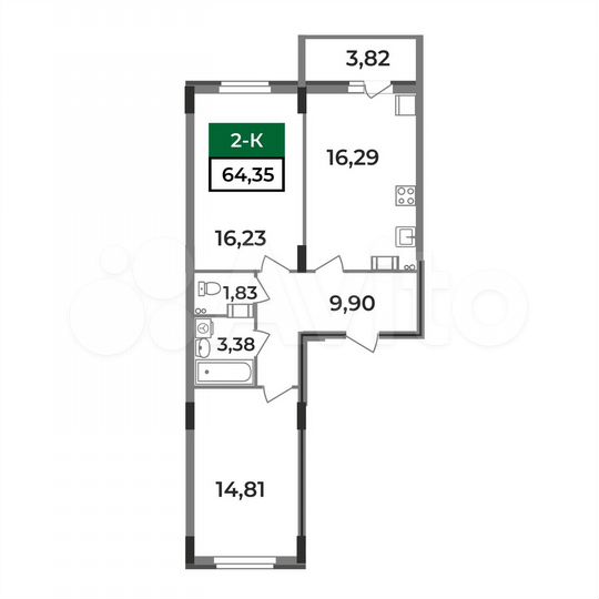 2-к. квартира, 64,4 м², 11/12 эт.