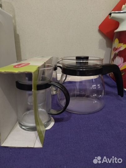Чайник стеклянный заварочный+3 чашки новый