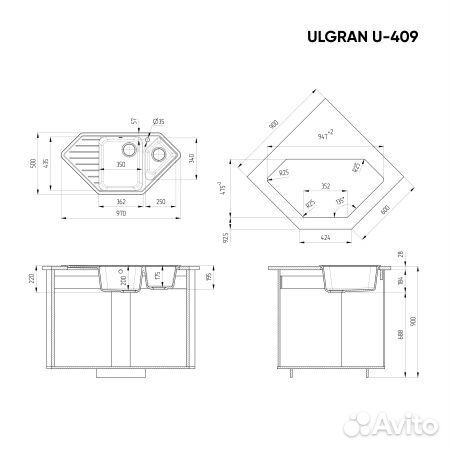 Мойка угловая двухсекционная ulgran U-409