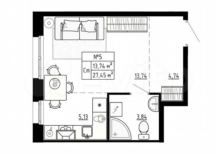 Квартира-студия, 27,5 м², 1/4 эт.