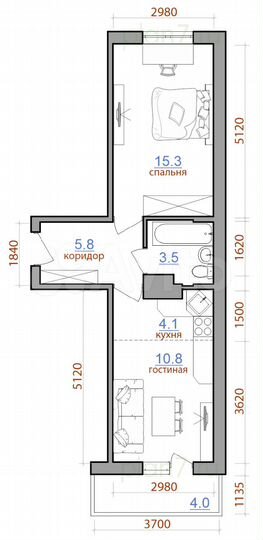 2-к. квартира, 43,6 м², 5/9 эт.