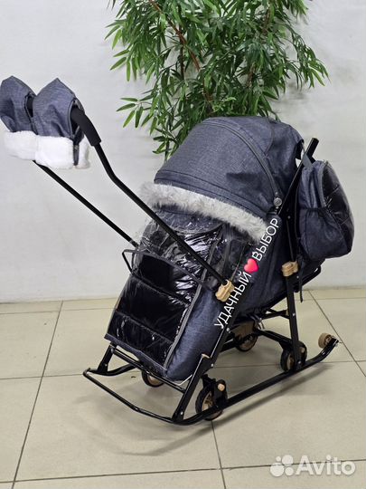 Санки-коляска Galaxy Glory Gloss (серо-зеленый)