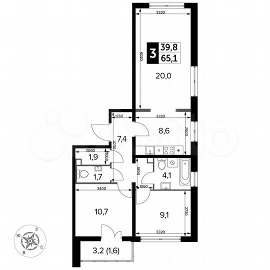3-к. квартира, 65,1 м², 22/24 эт.