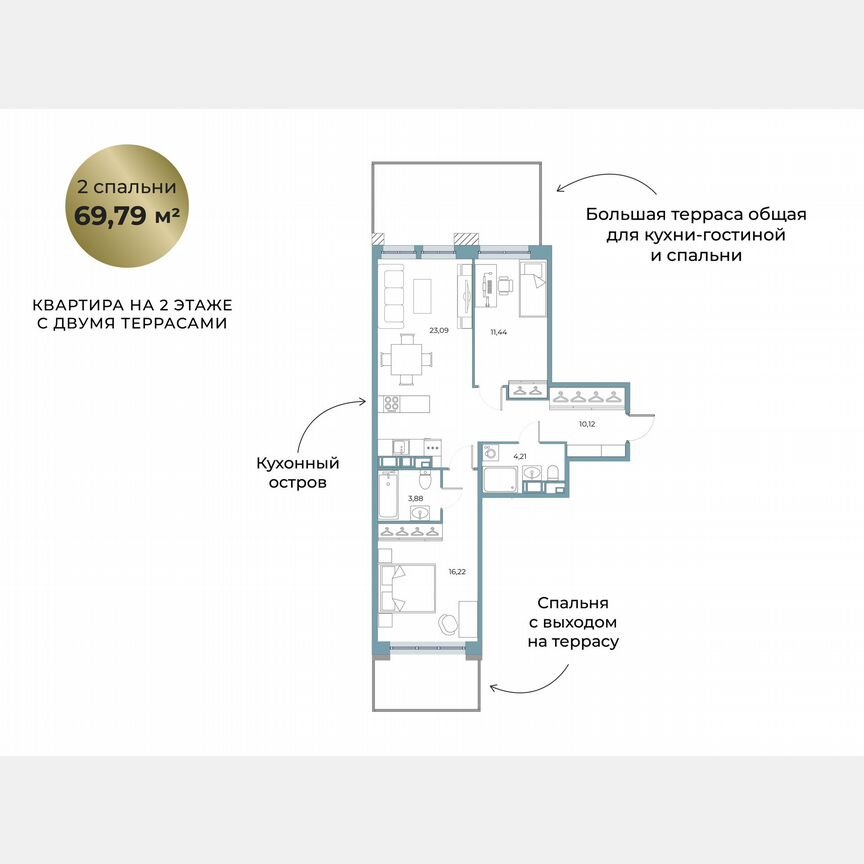 2-к. квартира, 69,8 м², 2/5 эт.