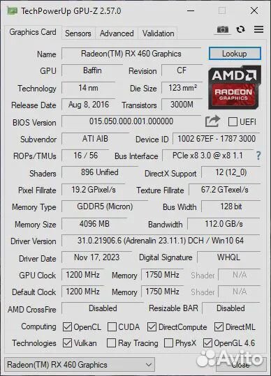 Видеокарта RX 460 4gb