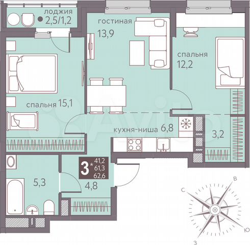 3-к. квартира, 62,6 м², 2/16 эт.