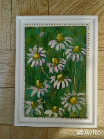 Картина маслом, миниатюра, цветы, ромашки