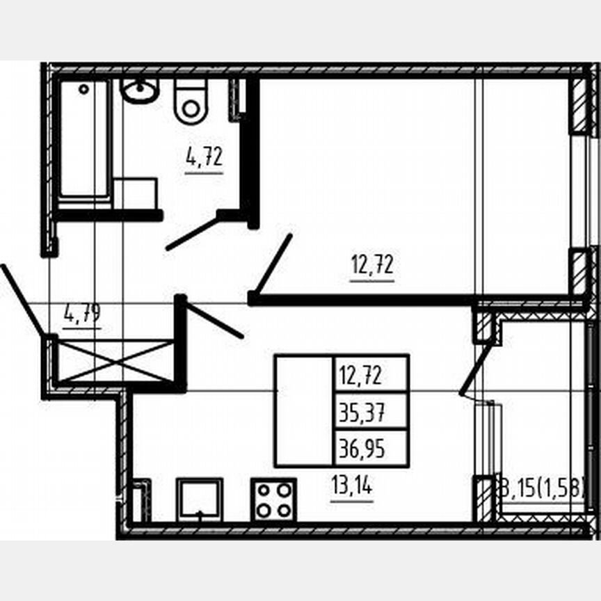 1-к. квартира, 35,4 м², 1/4 эт.