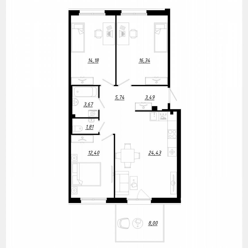 3-к. квартира, 84,4 м², 1/5 эт.