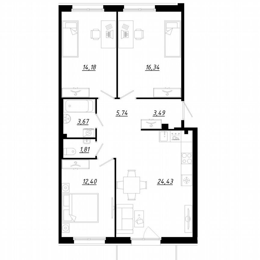 3-к. квартира, 84,4 м², 1/5 эт.