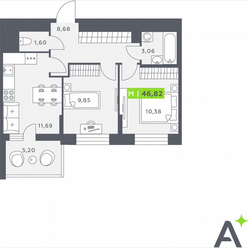 2-к. квартира, 46,8 м², 6/12 эт.