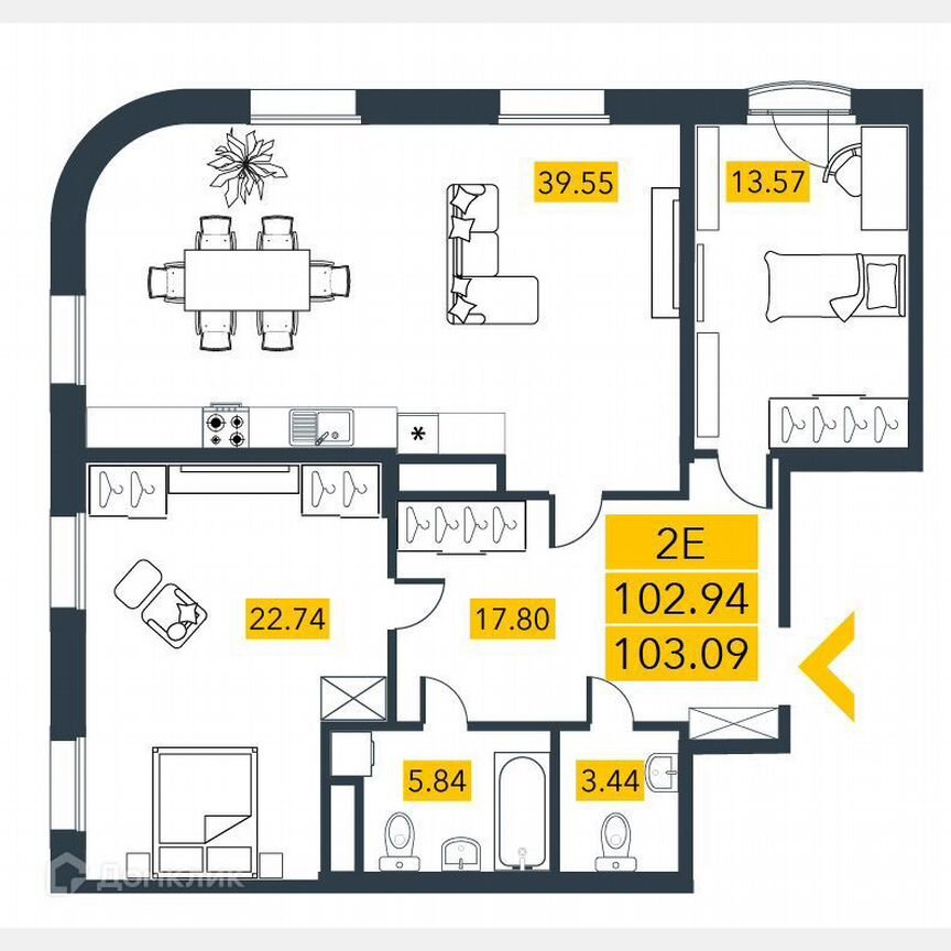 2-к. квартира, 103,3 м², 3/7 эт.