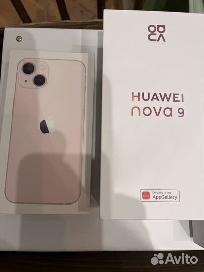 Коробка iPhone; Huawei 9; наушники huawei AirPods