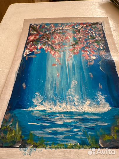 Картина акрил Водопад в сакуре 18х24см