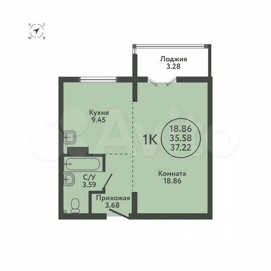 1-к. квартира, 37,2 м², 2/9 эт.