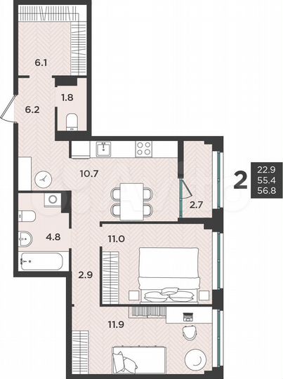 2-к. квартира, 56,6 м², 4/9 эт.
