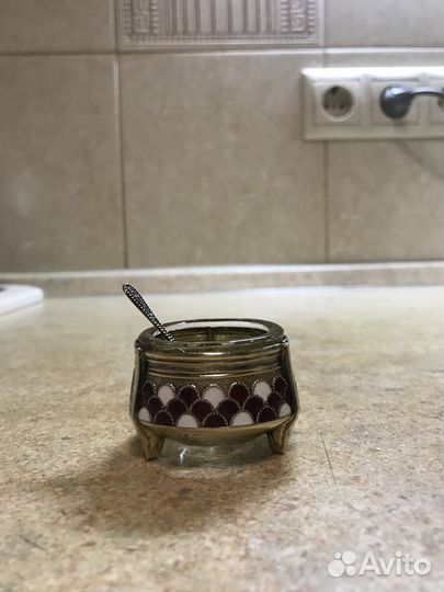 Солонка из мельхиора с позолотой и эмалью СССР