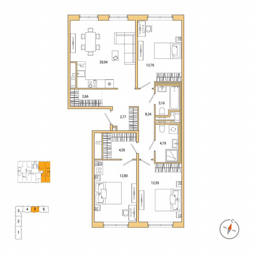 3-к. квартира, 85,4 м², 1/7 эт.